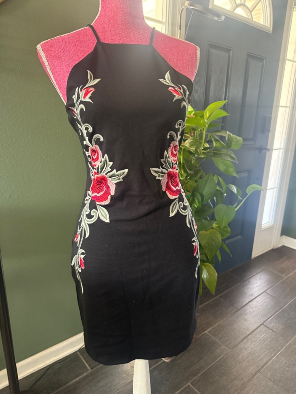 Express Black Halter Mini Dress with Red Rose Embroidery